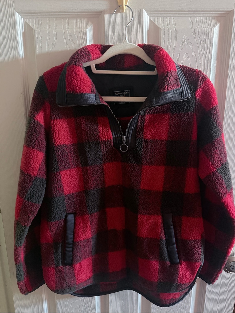 Abercrombie & Fitch Red and Black Buffalo Plaid Quarter-Zip Fleece Pullover